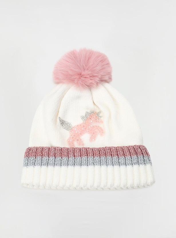Girls Embellished Beanie with Pom-Pom