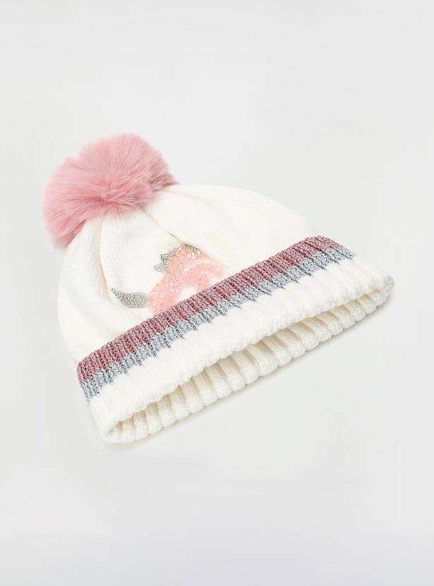 Girls Embellished Beanie with Pom-Pom