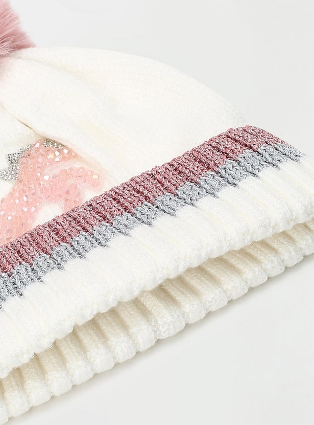 Girls Embellished Beanie with Pom-Pom