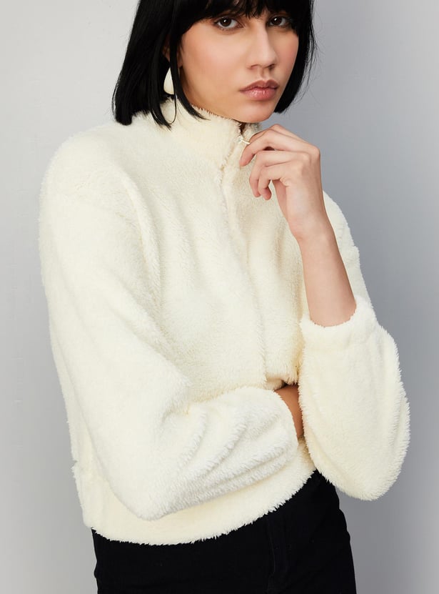 Women Textured Stand Collar Sweatshirt