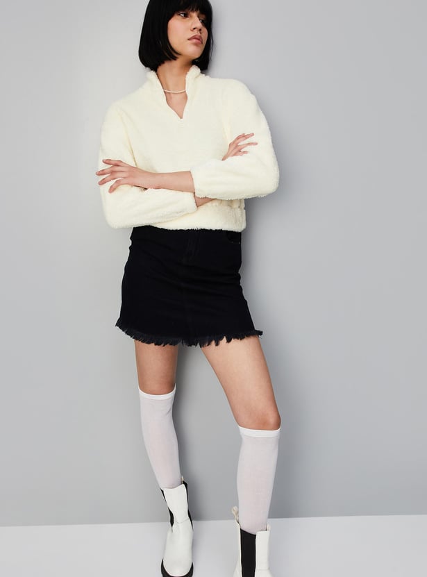 Women Textured Stand Collar Sweatshirt
