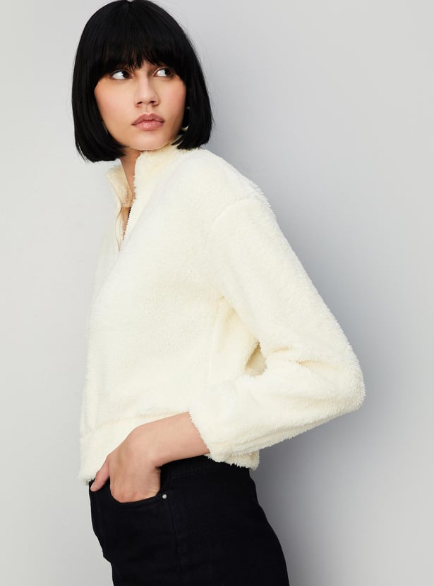 Women Textured Stand Collar Sweatshirt