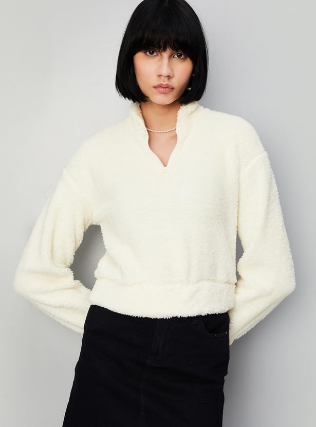 Women Textured Stand Collar Sweatshirt