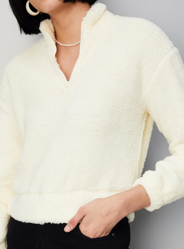 Women Textured Stand Collar Sweatshirt