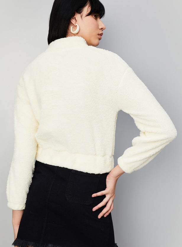 Women Textured Stand Collar Sweatshirt