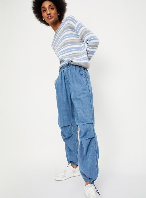 Buy Women Denim Trousers with Drawcord Hem Online at just Rs