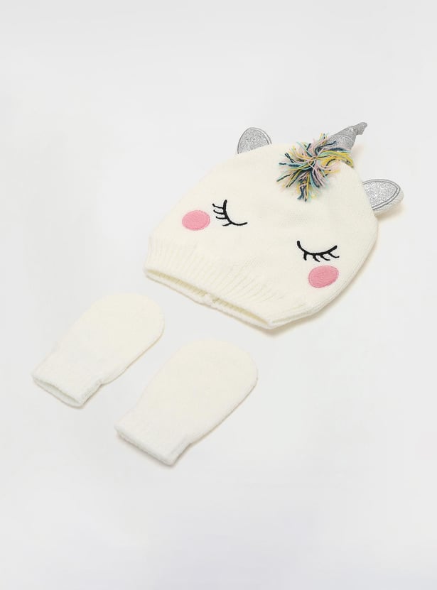 Girls Embroidered Beanie & Mitten Set