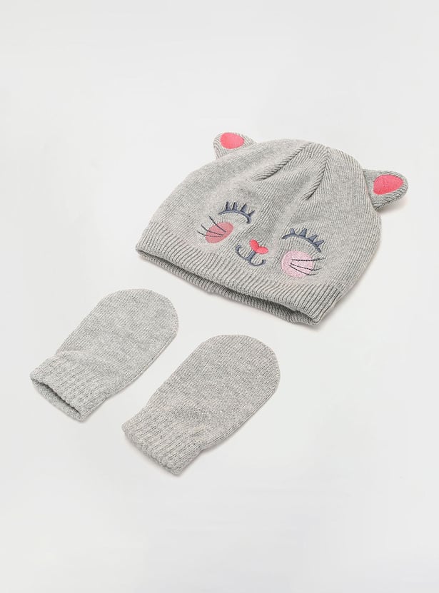 Girls Embroidered Beanie & Mitten Set
