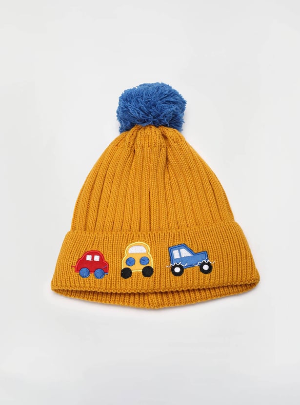 Boys Embroidered Beanie with Pom-Pom Detail