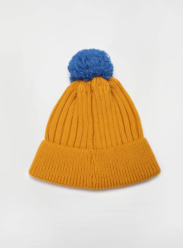 Boys Embroidered Beanie with Pom-Pom Detail