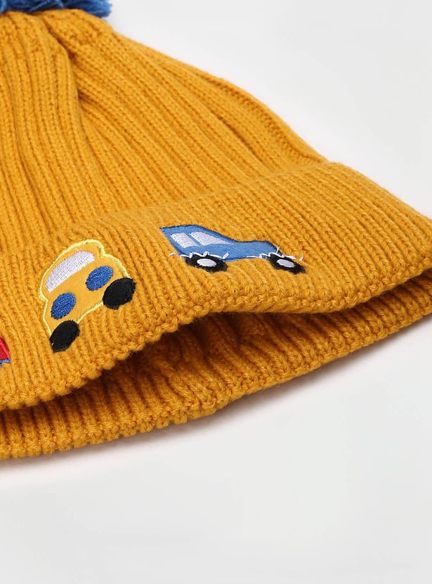 Boys Embroidered Beanie with Pom-Pom Detail