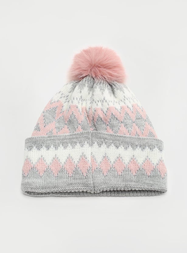Girls Printed Beanie with Pom-Pom