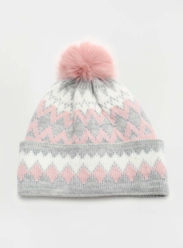 Girls Printed Beanie with Pom-Pom