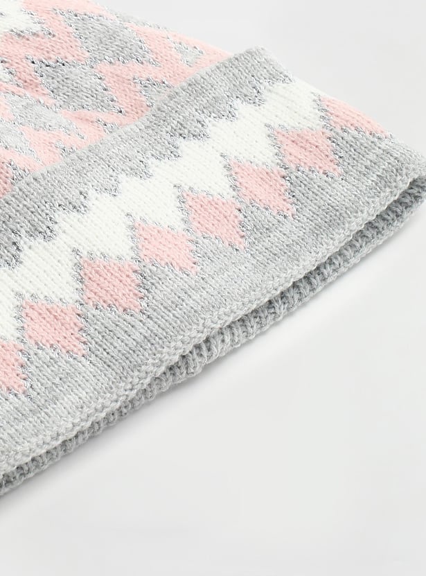 Girls Printed Beanie with Pom-Pom