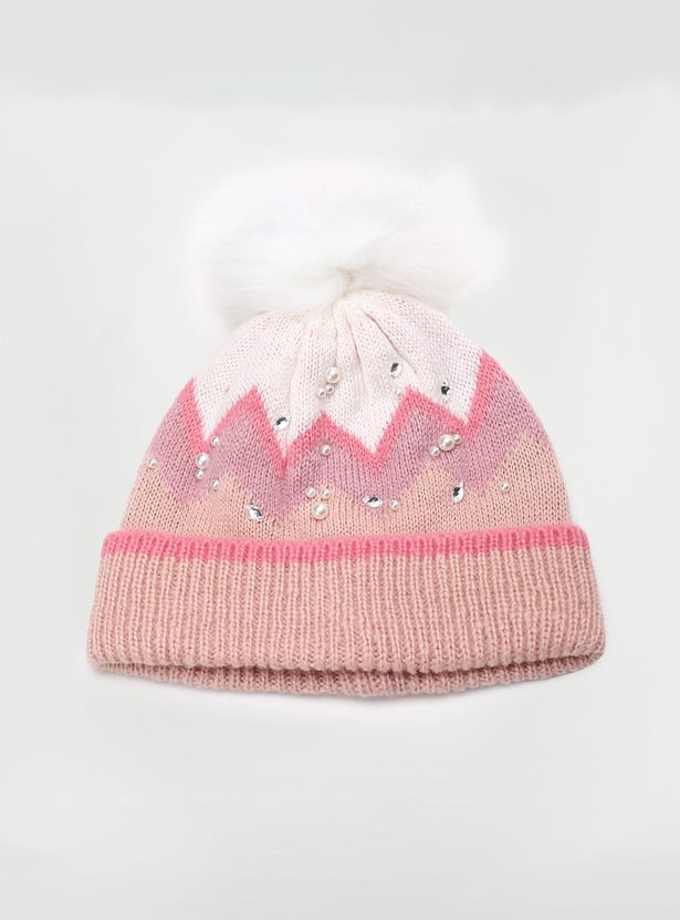 Girls Embellished Beanie with Pom-Pom Detail