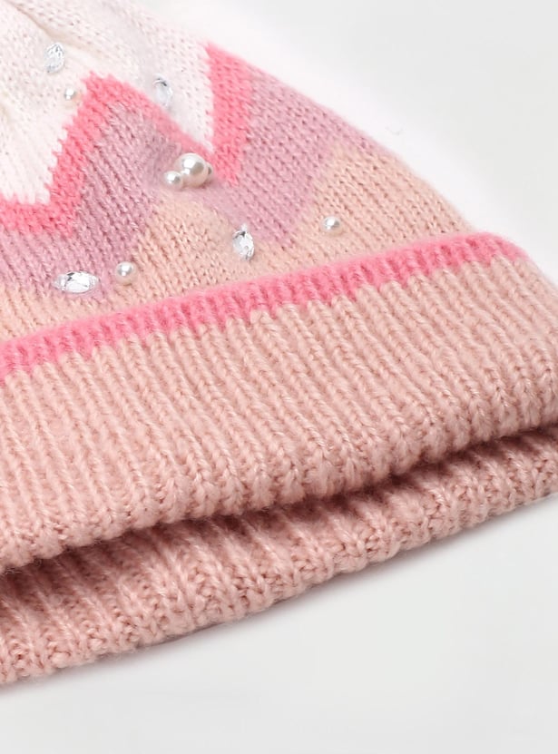 Girls Embellished Beanie with Pom-Pom Detail