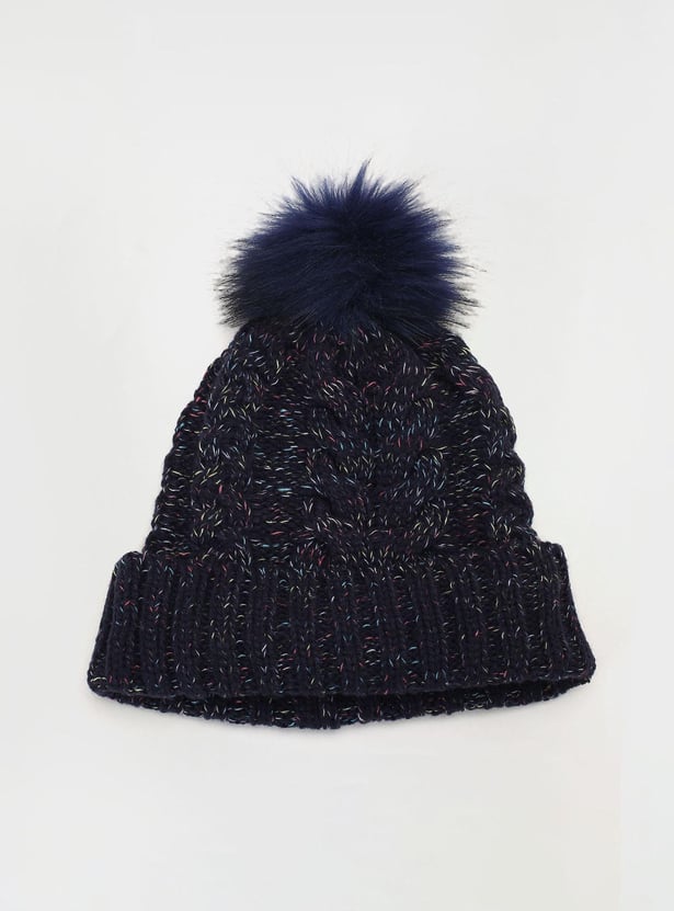 Women Cable Knit Beanie with Pom-Pom Detail