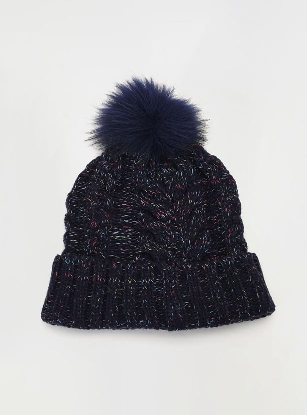 Women Cable Knit Beanie with Pom-Pom Detail