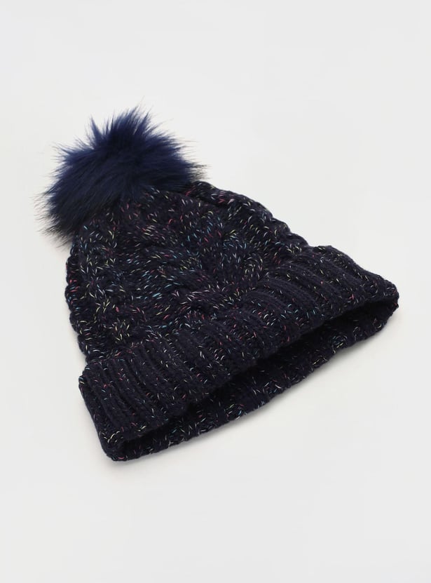 Women Cable Knit Beanie with Pom-Pom Detail