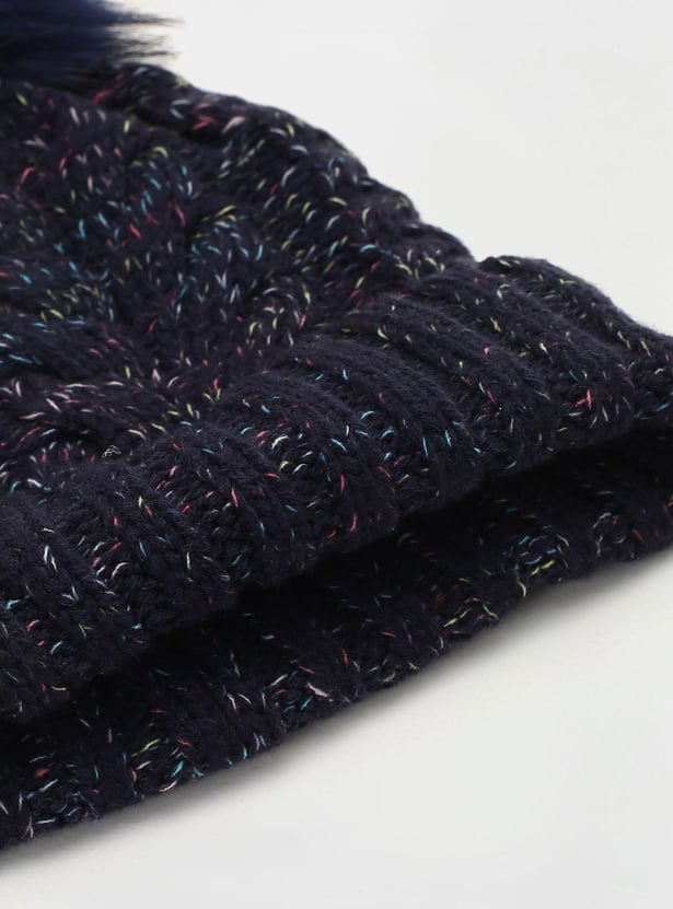 Women Cable Knit Beanie with Pom-Pom Detail