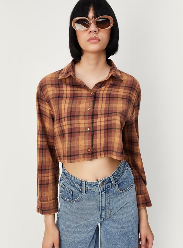 Women Checked Cropped Shirt