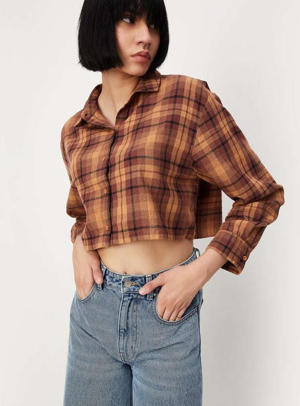 Women Checked Cropped Shirt