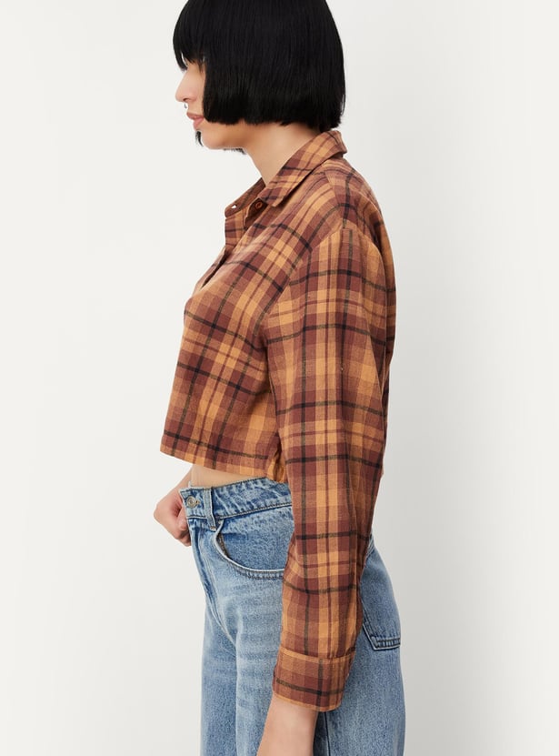 Women Checked Cropped Shirt
