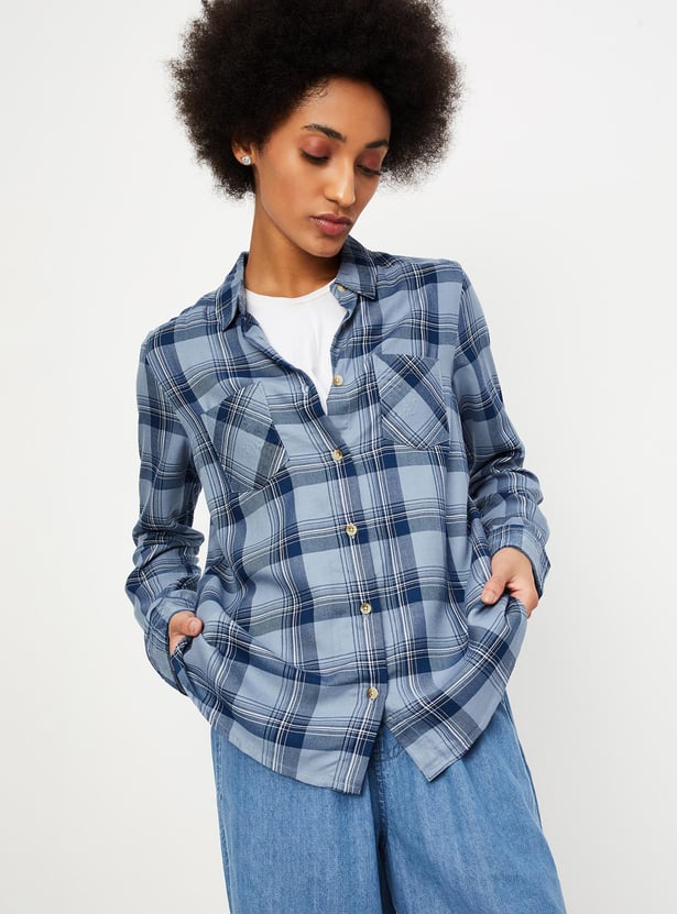 Women Plaid Checked Shirt with Double Pockets