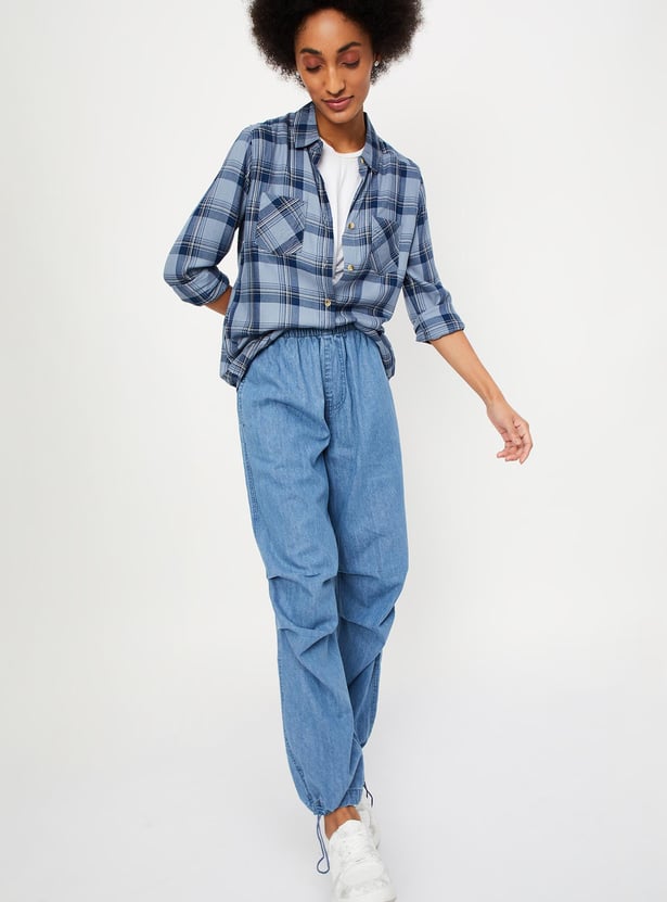 Women Plaid Checked Shirt with Double Pockets