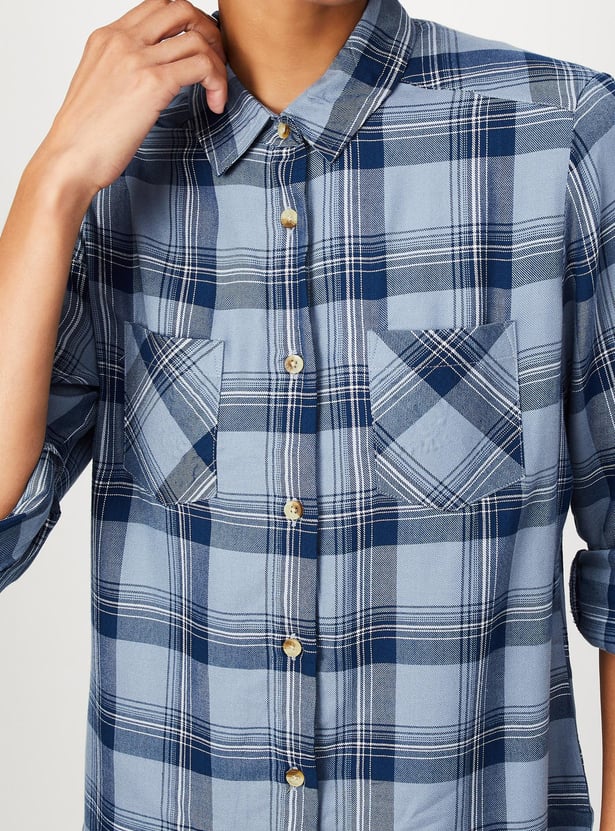 Women Plaid Checked Shirt with Double Pockets