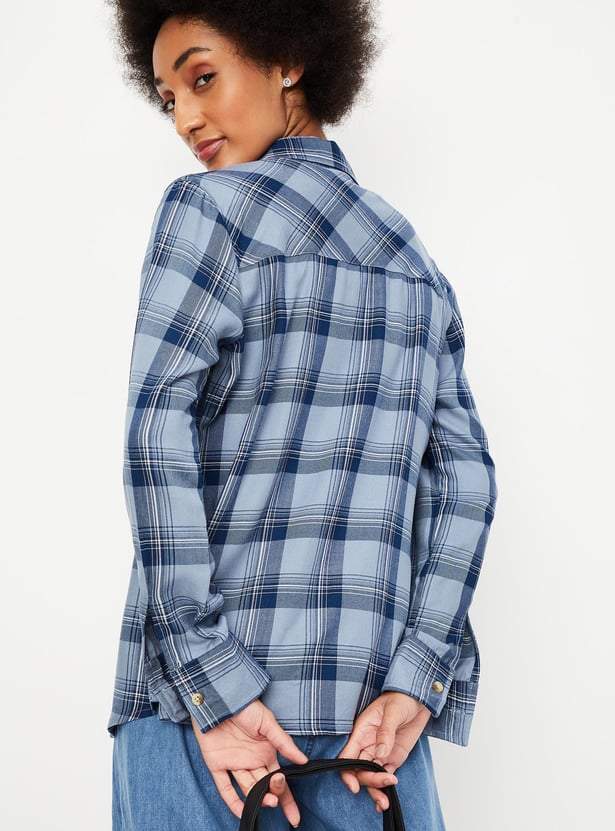 Women Plaid Checked Shirt with Double Pockets