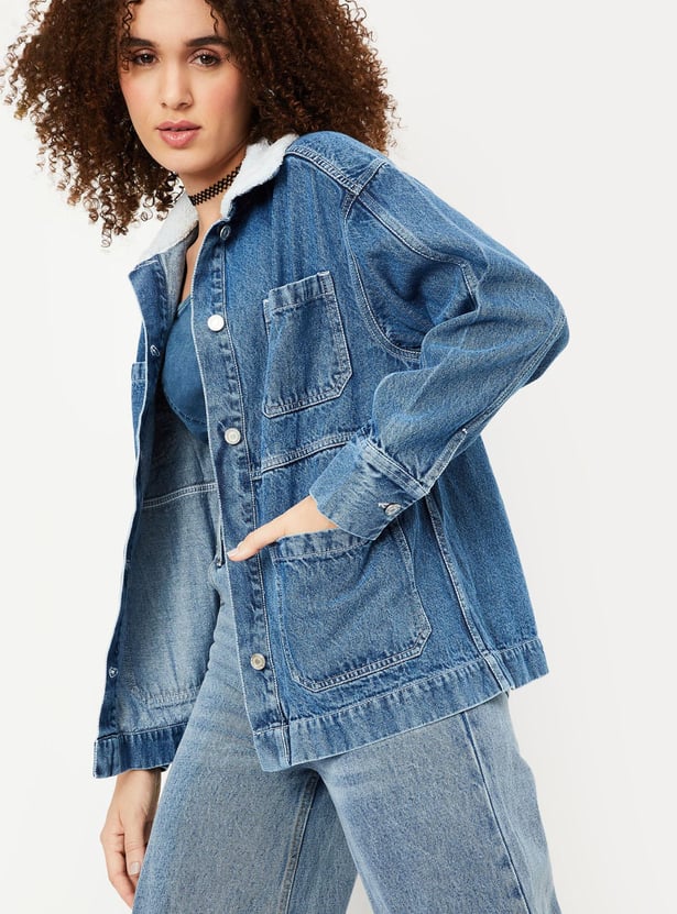 Women Denim Jacket with Teddy Collar