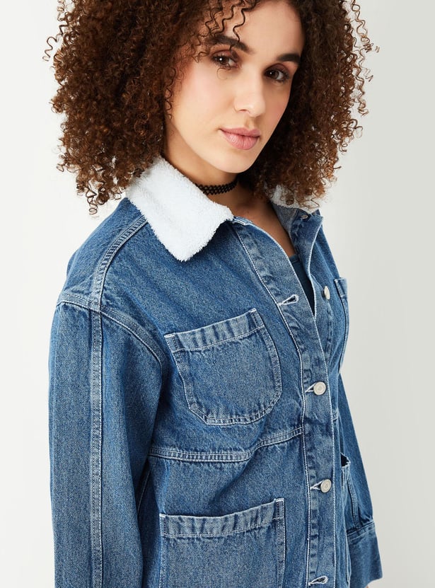 Women Denim Jacket with Teddy Collar