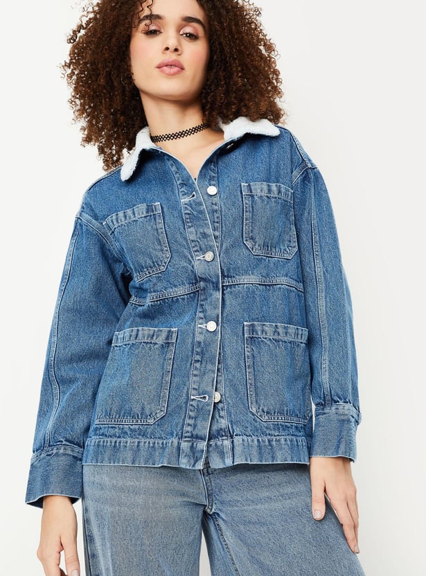 Women Denim Jacket with Teddy Collar