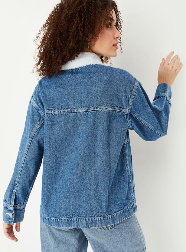 Women Denim Jacket with Teddy Collar