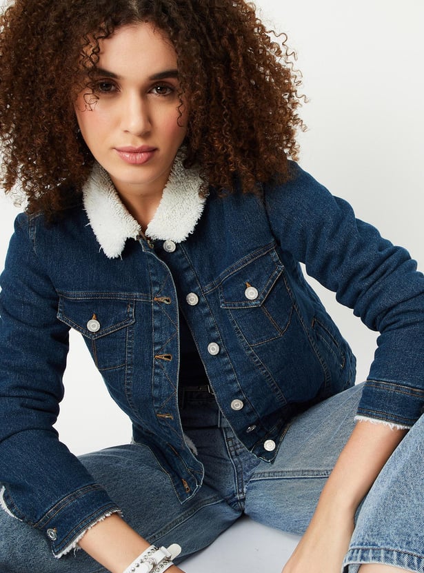 Women Teddy Collar Denim Jacket