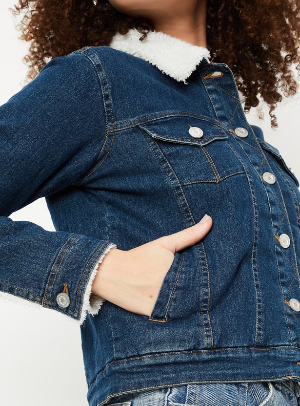 Women Teddy Collar Denim Jacket