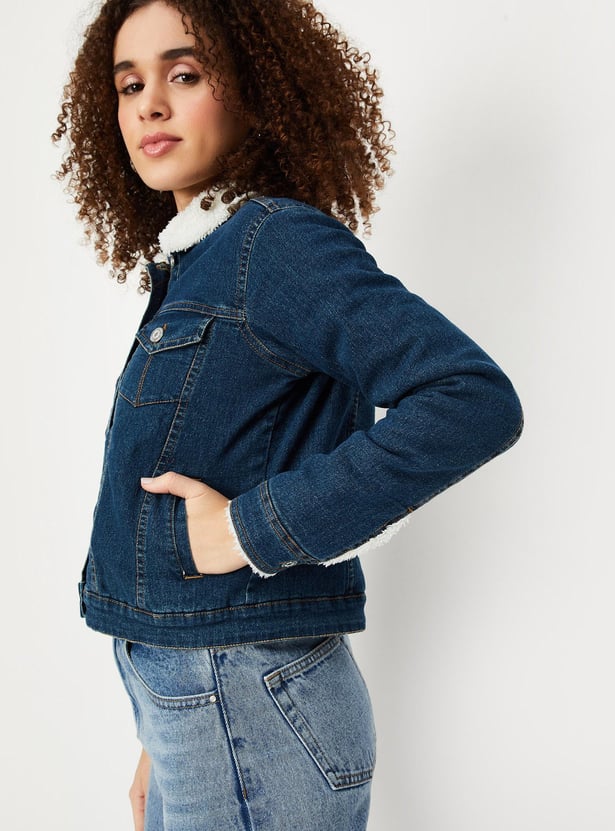 Women Teddy Collar Denim Jacket