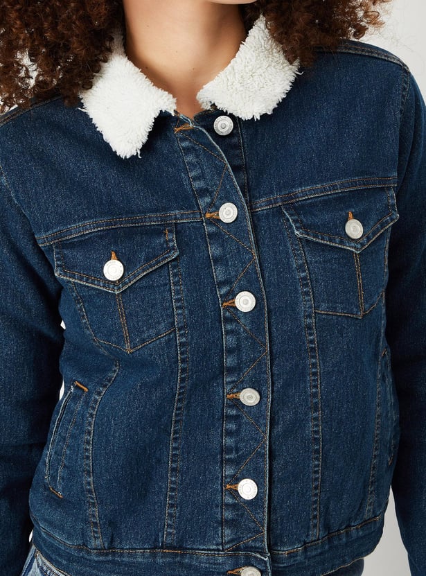 Women Teddy Collar Denim Jacket