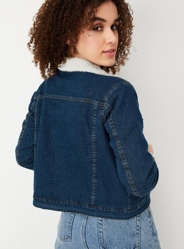 Women Teddy Collar Denim Jacket