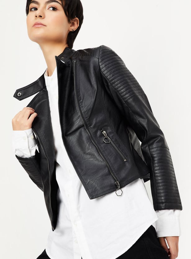 Women Solid Biker Jacket