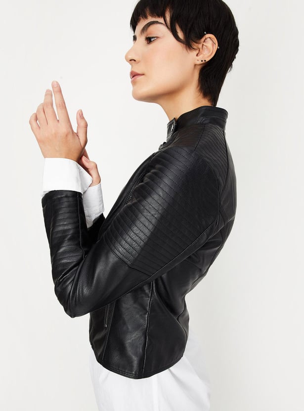 Women Solid Biker Jacket