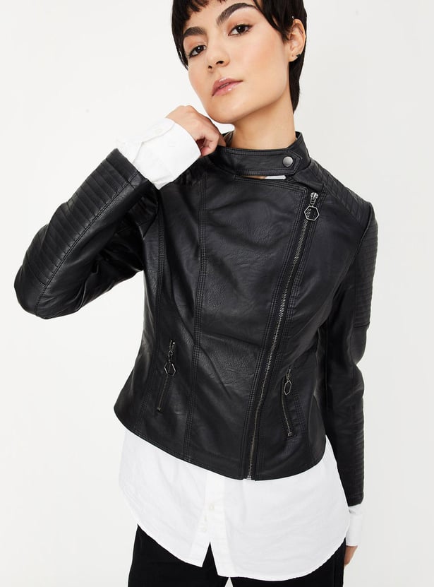 Women Solid Biker Jacket