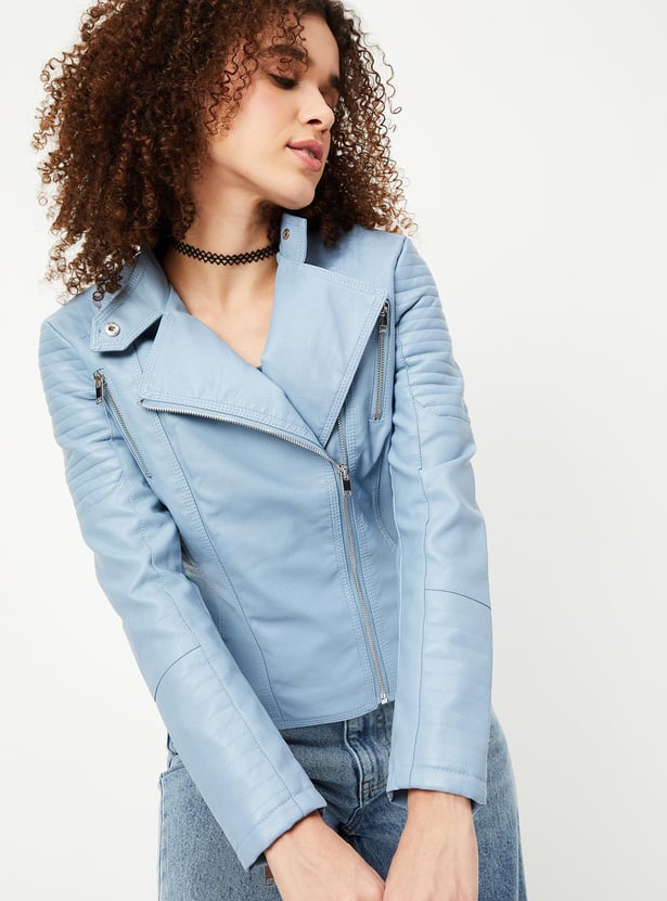 Women Solid Asymmetric Zip Biker Jacket