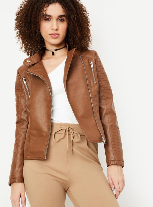 Women Solid Asymmetric Zip Biker Jacket