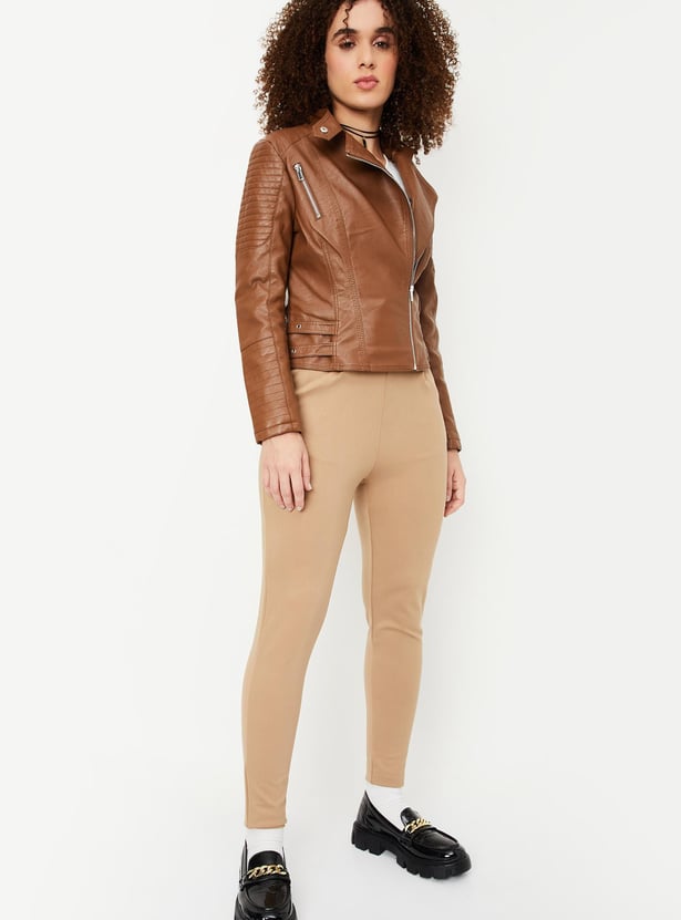 Women Solid Asymmetric Zip Biker Jacket