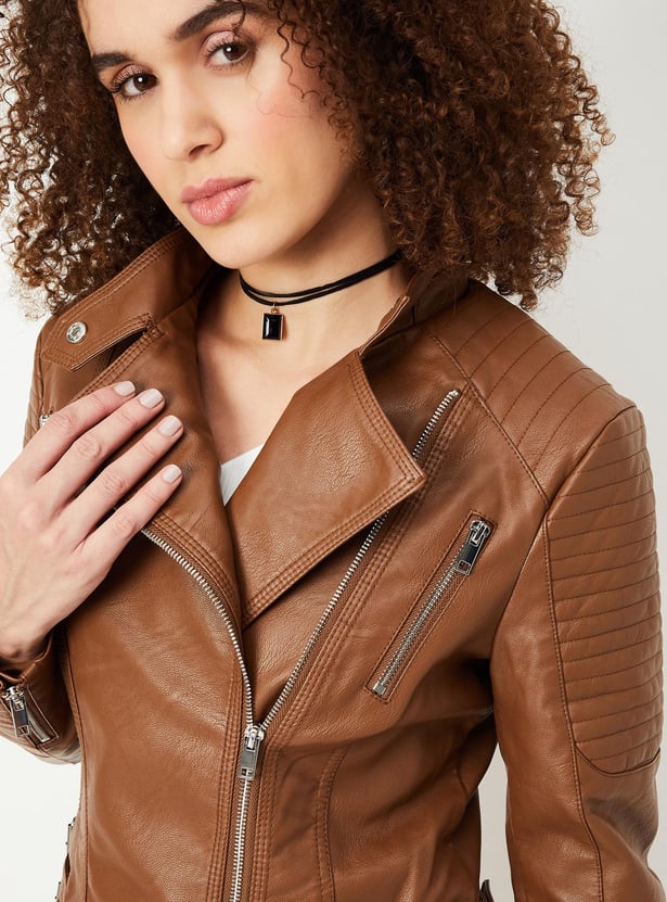 Women Solid Asymmetric Zip Biker Jacket