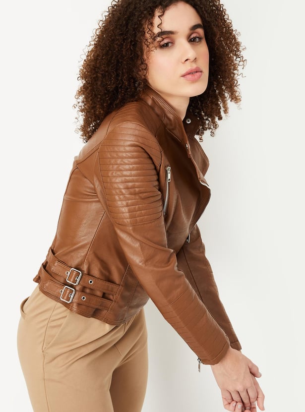 Women Solid Asymmetric Zip Biker Jacket