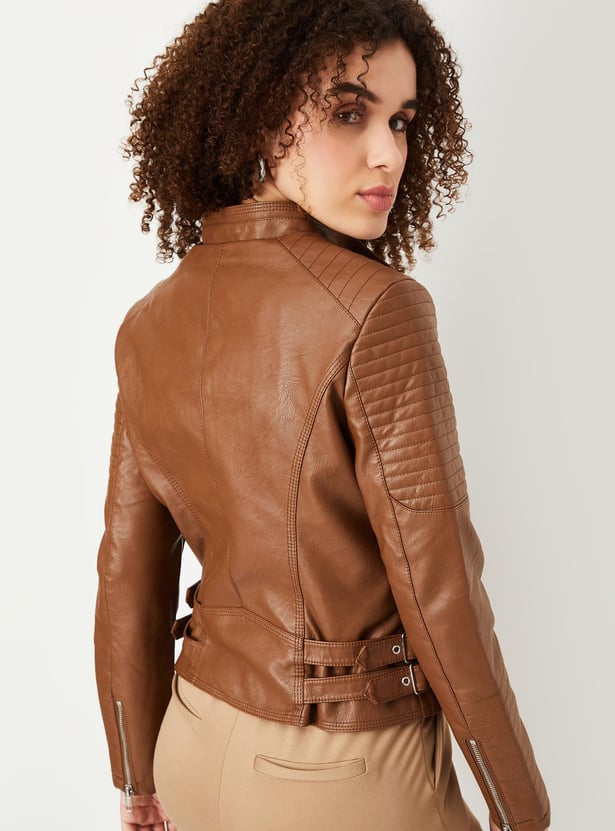 Women Solid Asymmetric Zip Biker Jacket