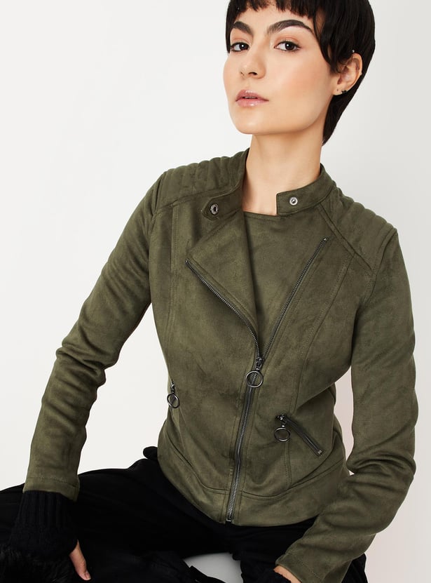 Buy Women Solid Biker Jacket Online at just